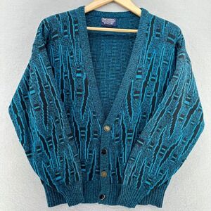 VTG Barnaby Men's Teal Black Geometric Pattern V-Neck Cardigan Sweater SZ M 80s